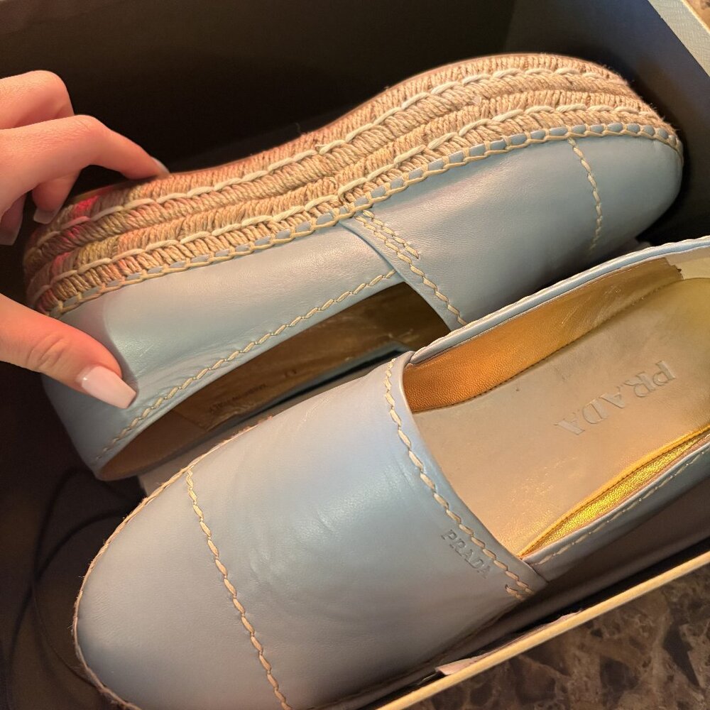 PRADA BLUE LEATHER WHIPSTITCH PLATFORM ESPADRILLE PLATFORM SHOES